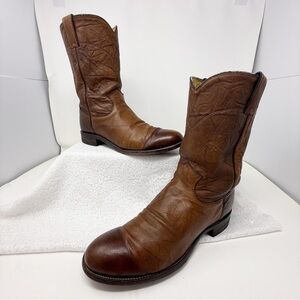 Men’s Justin USA Brown Leather Round Toe western Roper Cowboy boots 91/2D